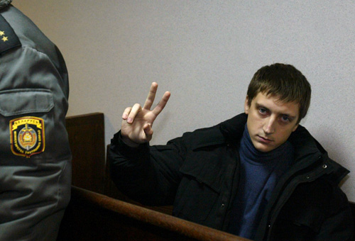 A member of the opposition Youth Front, Artur Finkevich in court during a new trial. Photo by Julia Darashkevich